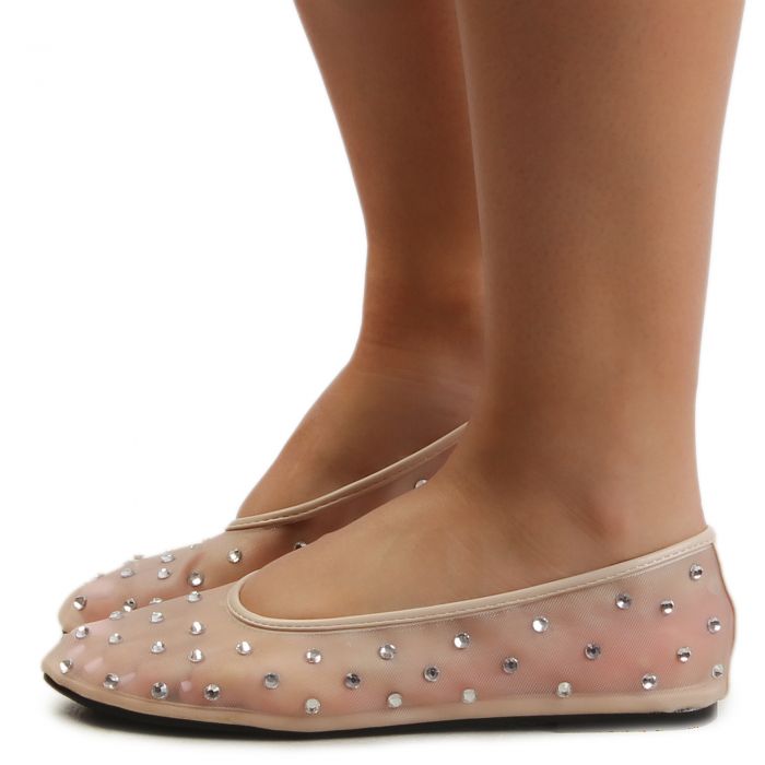 HEARTFUL Rhinestone Mesh Flats Nude