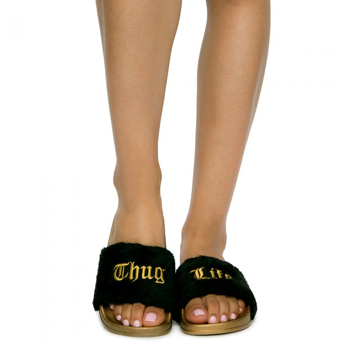Women's Moira-64 Fur Slides BLACK GOLD