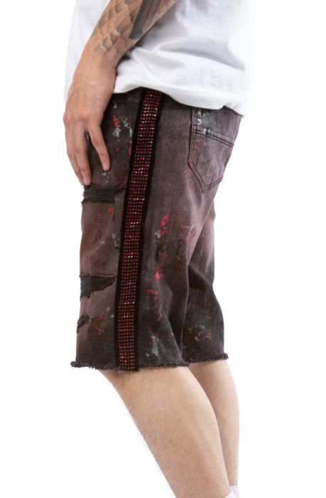 Rhinestone Striped Denim Shorts Black/Red