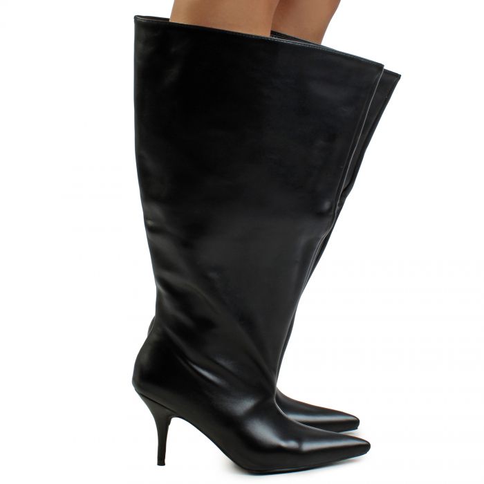 Brighten-Black Oversized Knee High Stiletto Boot Black