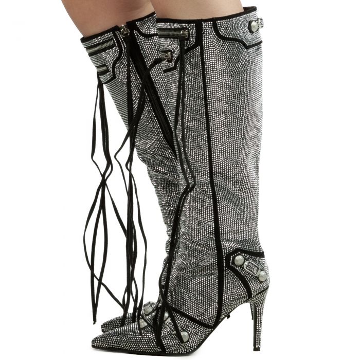 Rhinestone Heel Boot  Silver