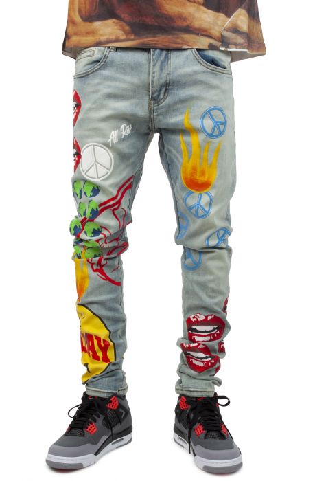 Peace Painted Slim Fit Jeans Light Indigo Blue