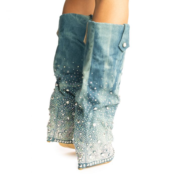 Allo Denim Rhinestone Heel Boots Denim