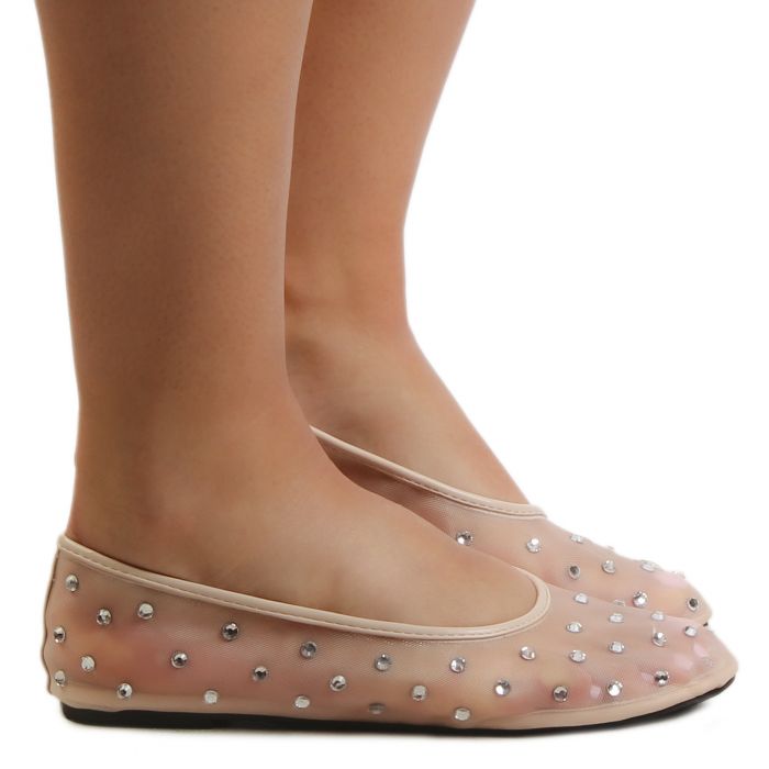 HEARTFUL Rhinestone Mesh Flats Nude
