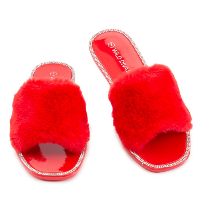 Jacelyn-18 Flat Fur Sandals Red Fur