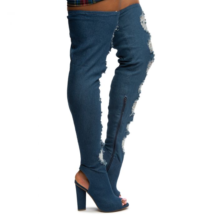 Sunlight-03S Ripped Thigh High Denim Boots