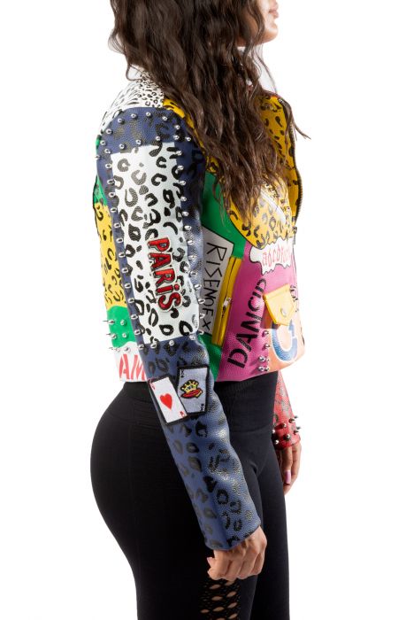Graphic Leopard Print Leather Jacket Red Multi