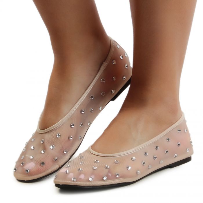 HEARTFUL Rhinestone Mesh Flats Nude