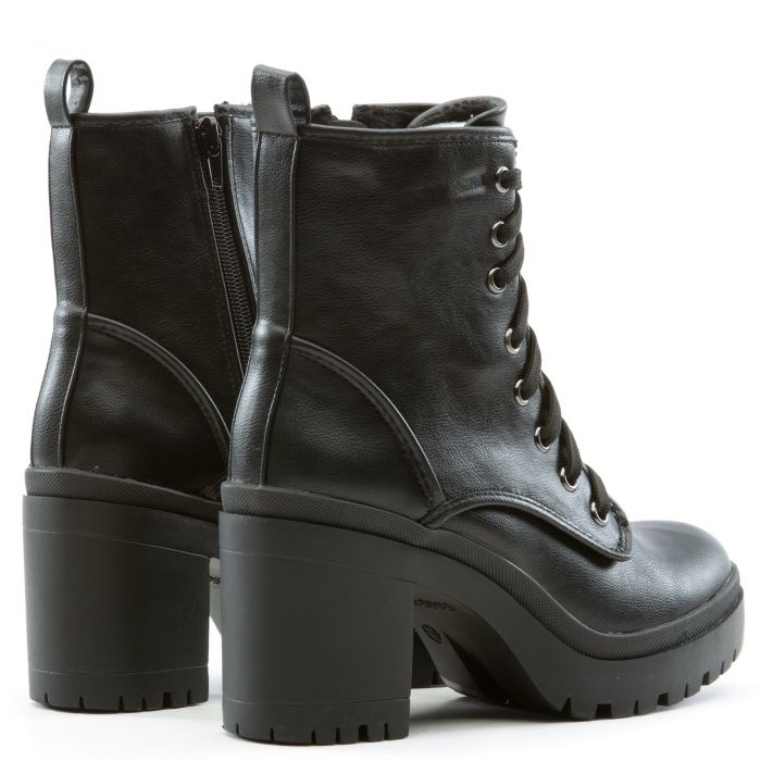 Regal-13 Chunky Lace Up Heel Bootie Black Crinckle Pu