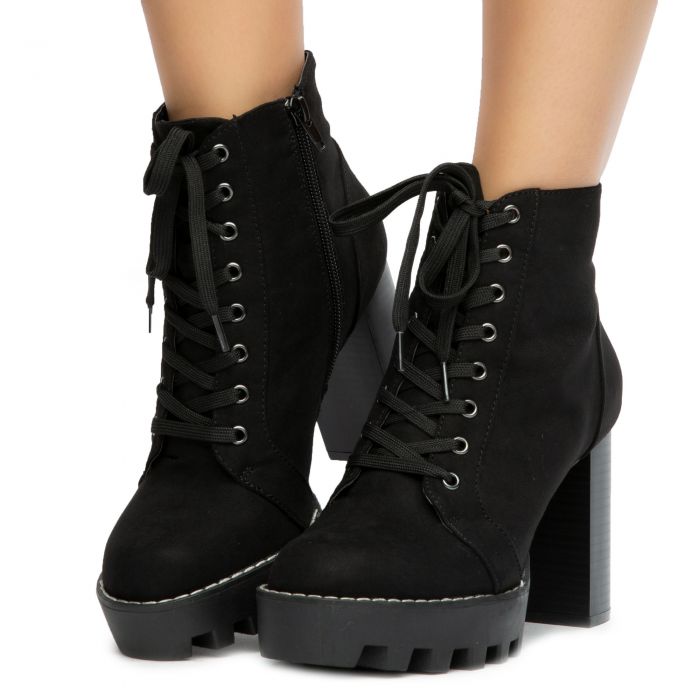 Intensity-04 Lace-Up Chunky Booties Black Faux Suede