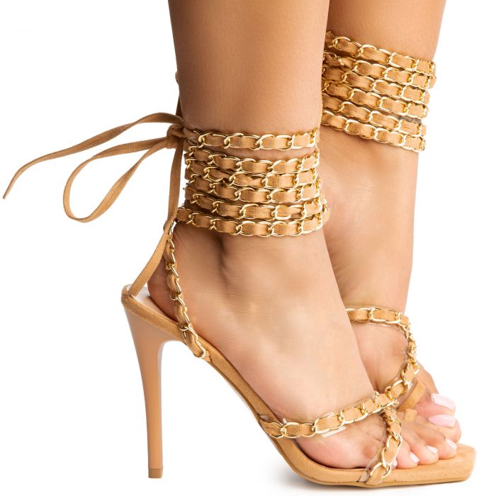 Personalized Chain Strappy High Heels Nude
