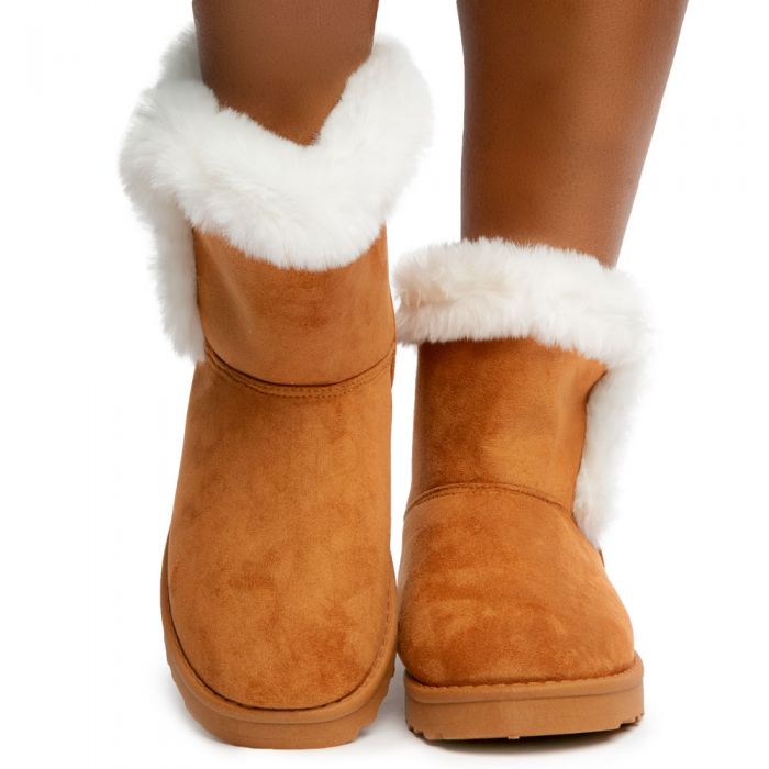 Ariana Faux Fur Booties Camel/White