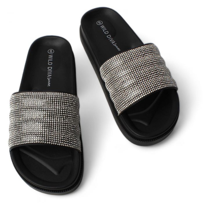 Belvana-07 Rhinestone Slide  Black