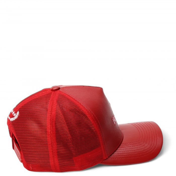 Hennything Goes Leather Trucker Hat  Red