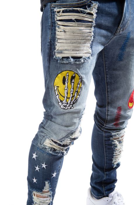 Hagan Flame Patch Jeans Medium Blue