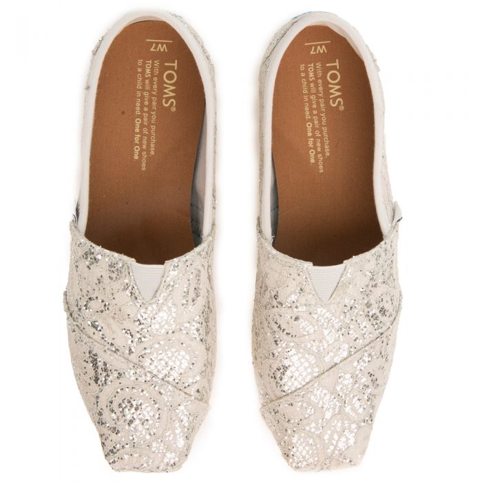 Toms for Women: Classics Silver Lace Glitter Flats Silver
