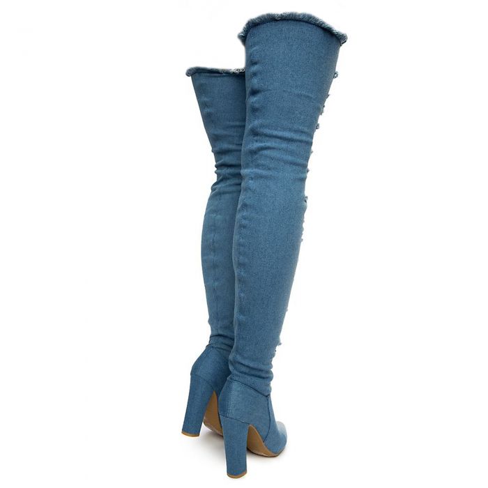 Madam Thigh-High Heel Denim Boots