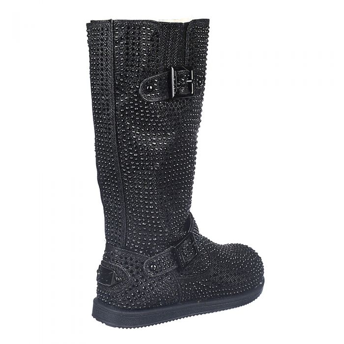 Kids Mid-Calf Studded Boot Urban Buckle Glitter Black