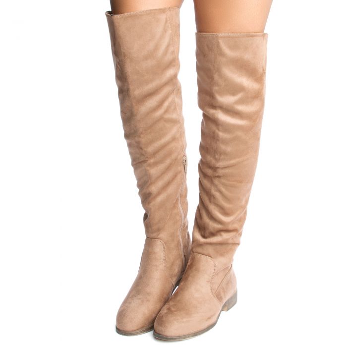 Tally-2 Thigh High Flat Boot Taupe Suede