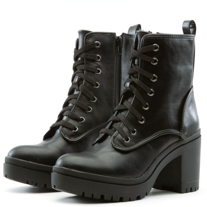 Regal-13 Chunky Lace Up Heel Bootie Black Crinckle Pu