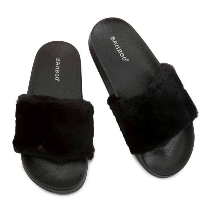 Flatter-15 Fur Band Slides Black Fur