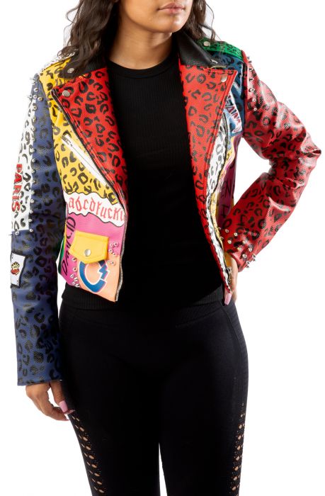 Graphic Leopard Print Leather Jacket Red Multi