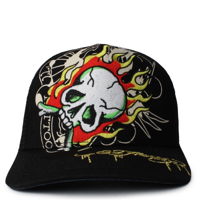 Fire Skull Trucker Hat  Black