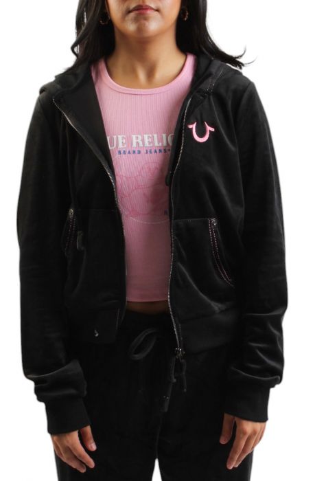 VELOUR LUREX BIG T ZIP HOODIE Black