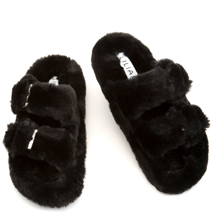 LILIANA Dearly-3 2 Strap Fur Sandals DEARLY-3-BLK - Shiekh