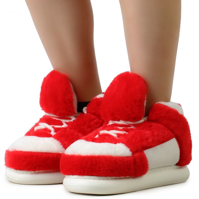 Furry Sneaker Slipper  Red/White