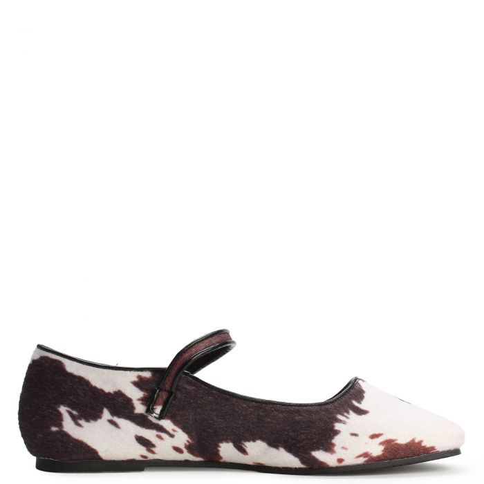 Cow Print Mary Jane Flat  Bown/White