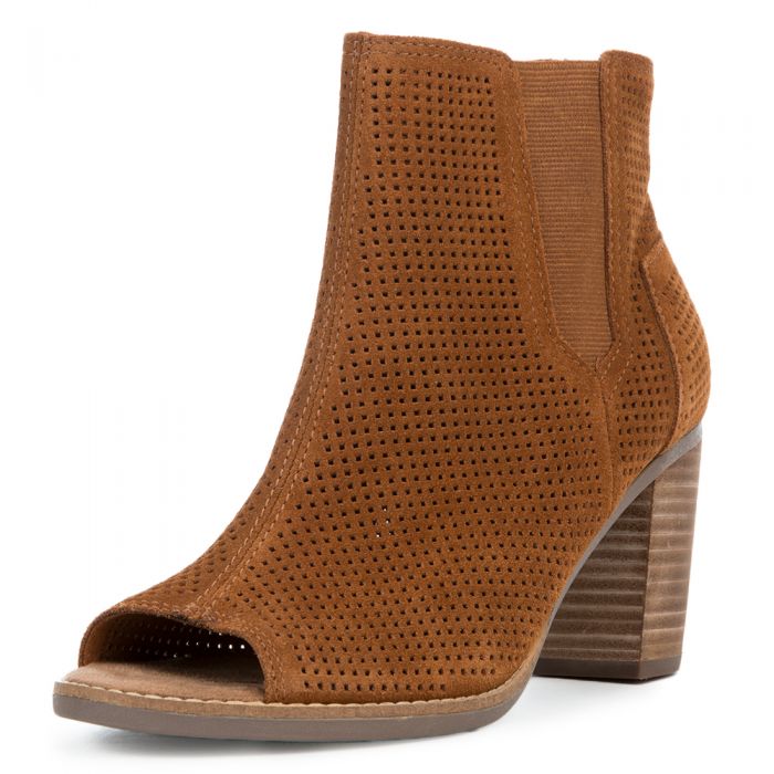 Toms Majorca Peep Toe Cinnamon Suede Perforated Bootie CINNAMON