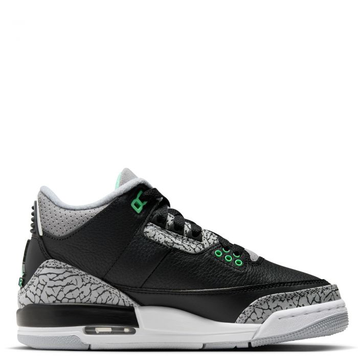 Grade School Air Jordan 3 Retro Black/Green Glow-Wolf Grey-White