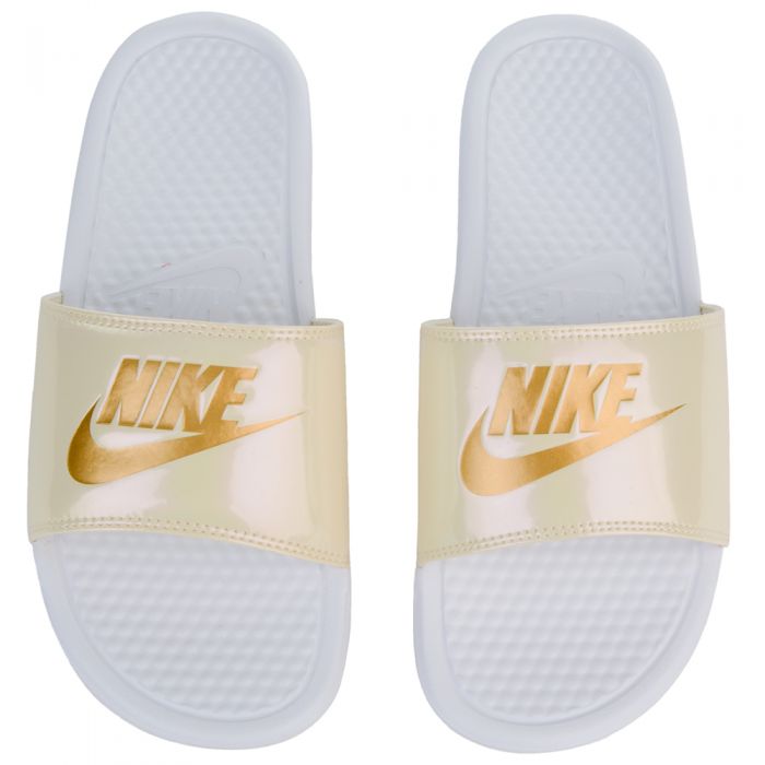 white and gold nike sandals