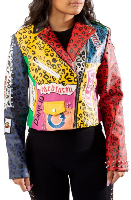 Graphic Leopard Print Leather Jacket Red Multi