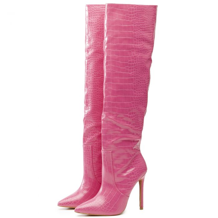 Friare Over The Knee High Heel Boot Pink Croc