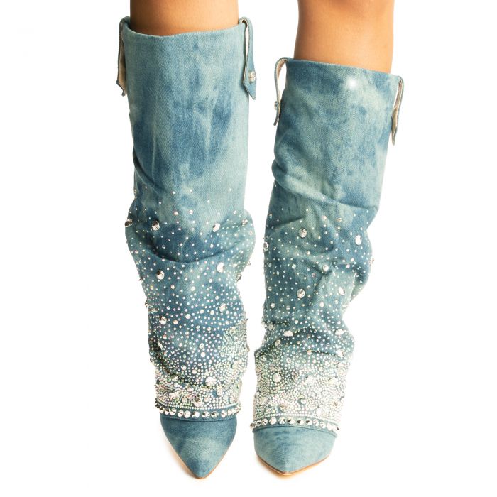 Allo Denim Rhinestone Heel Boots Denim