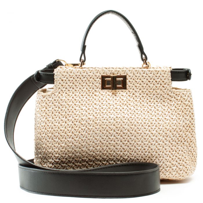 Faux Straw Top Handle Crossbody Bag Black