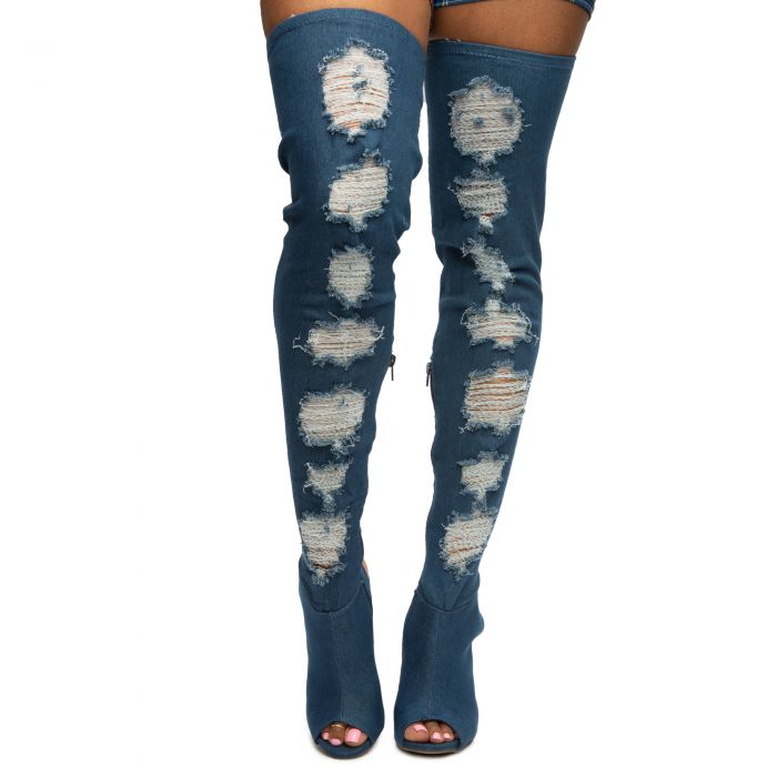 Sunlight-03S Ripped Thigh High Denim Boots