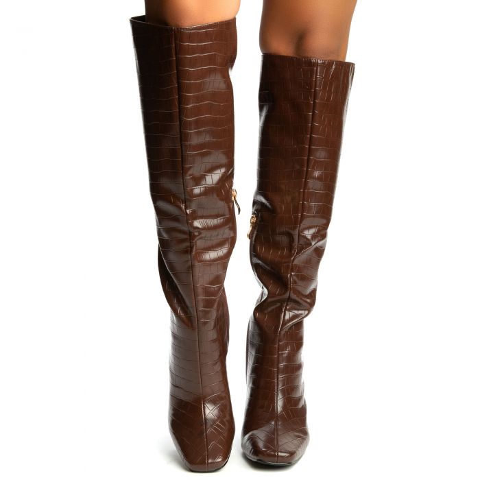 Tequila-1 Knee High Heel Boot Chocolate Croc