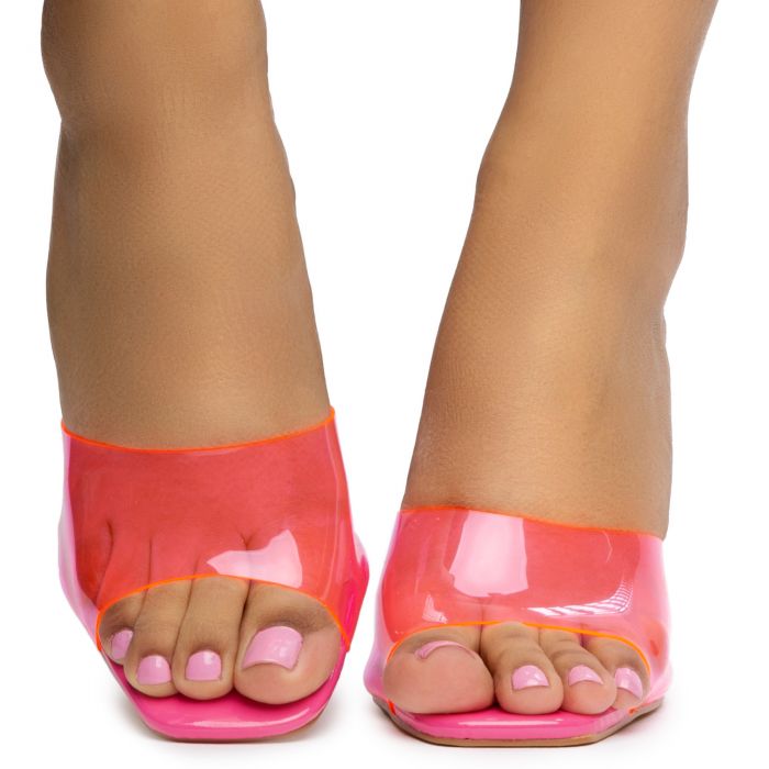 Flirt-01 Clear Strap Heels Neon Pink