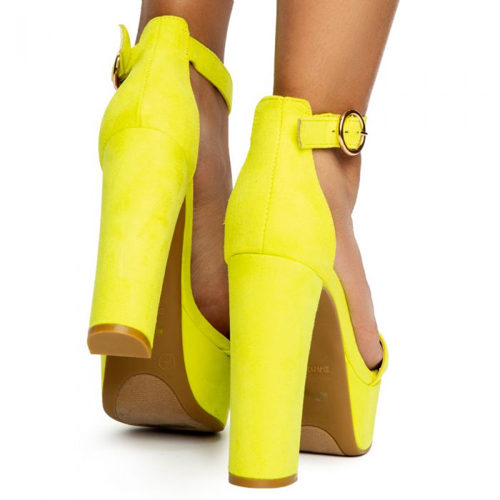 Shocking-07 Open Toe Chunky Heels Neon Yellow Suede