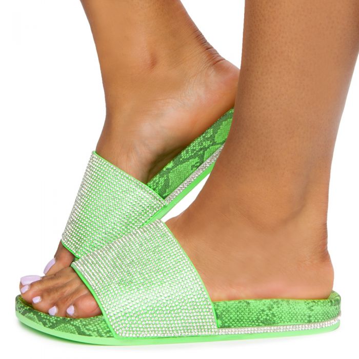 Marty-04 Rhinestone Slides Neon Green Snake
