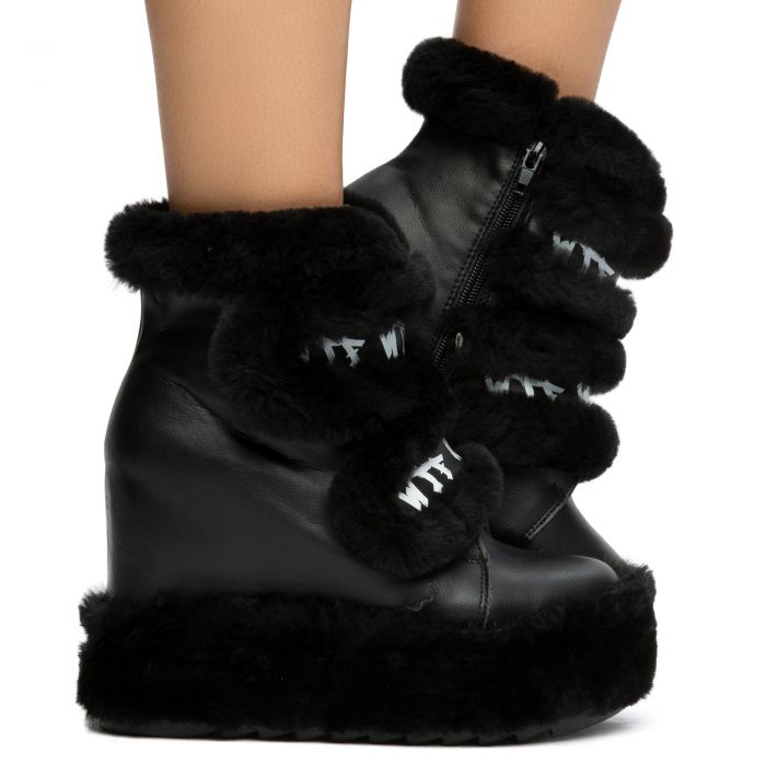Dizzy Dream Wedge Fur Booties Black