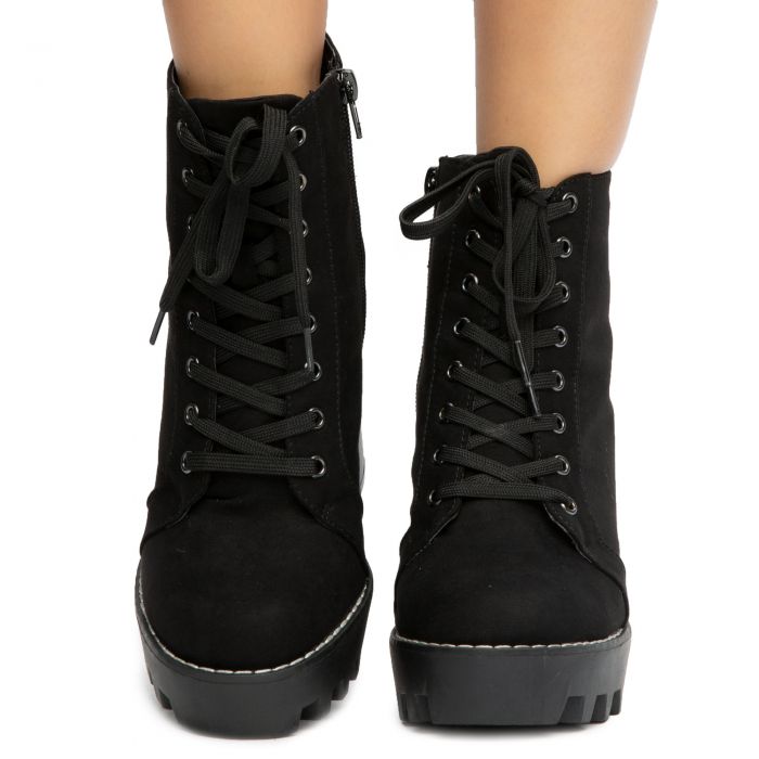 Intensity-04 Lace-Up Chunky Booties Black Faux Suede