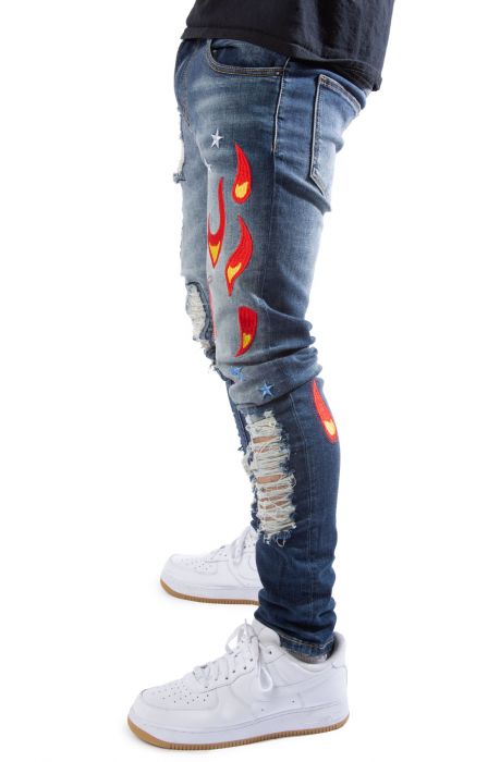 Hagan Flame Patch Jeans Medium Blue