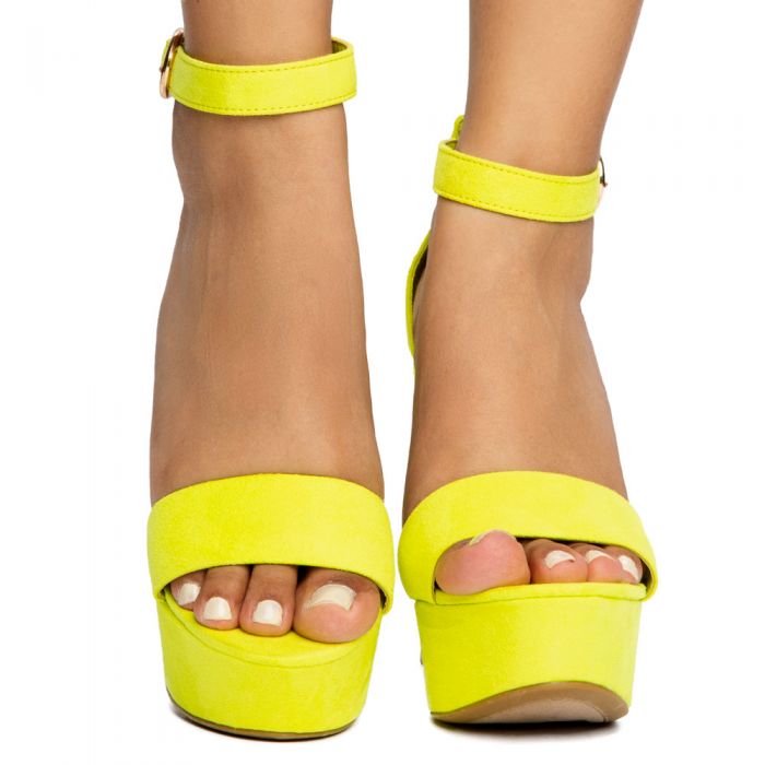 Shocking-07 Open Toe Chunky Heels Neon Yellow Suede