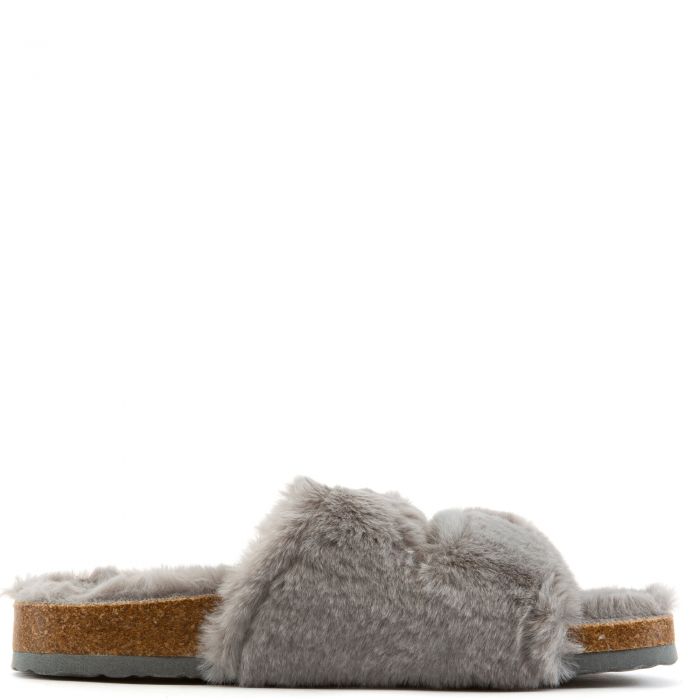 Defeat-63 Double Band Fur Slides Grey Fur