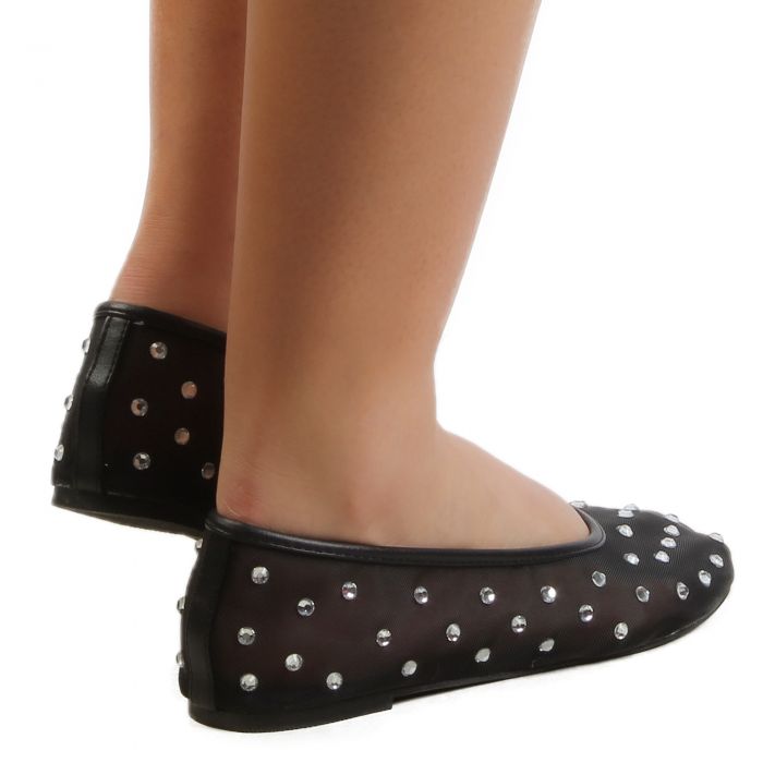HEARTFUL Rhinestone Mesh Flats Black