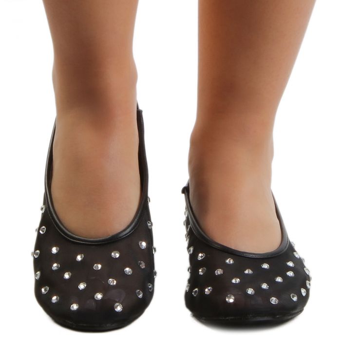HEARTFUL Rhinestone Mesh Flats Black
